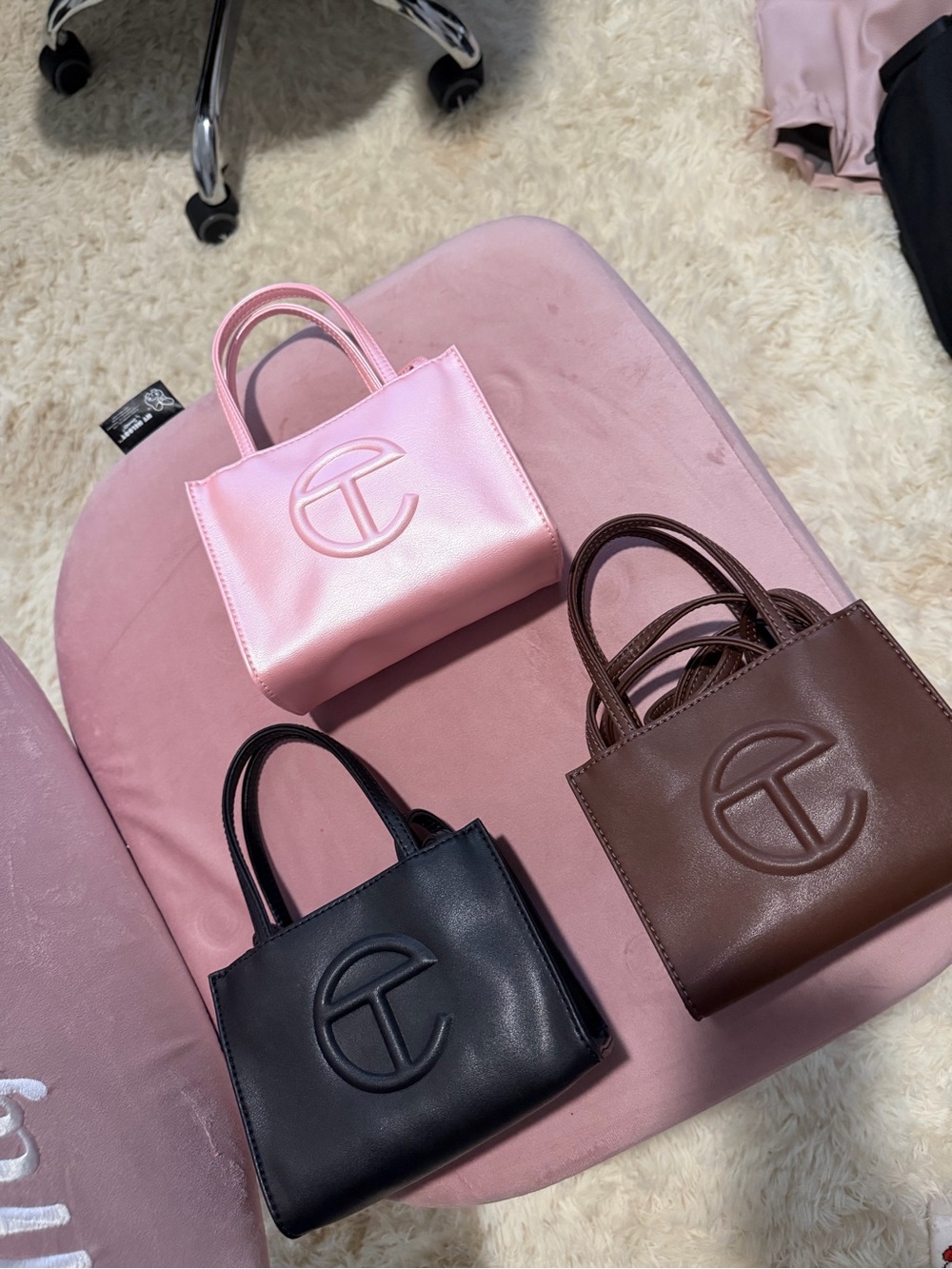 Telfar Mini Tote Bag with Raised T Logo - Pink-Brown-Black Bundle